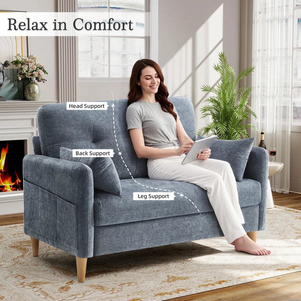 George 47’’ Chenille Tufted Loveseat Sofa With 2 Pillows And Storage Pockets Couches