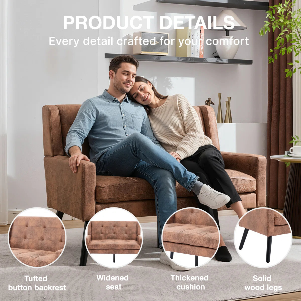 47.24" Wide Tufted Back 2-Seater Accent Chair With High-Density Foam Cushion Premium Linen/Suede Loveseat Sofa For Small Spaces